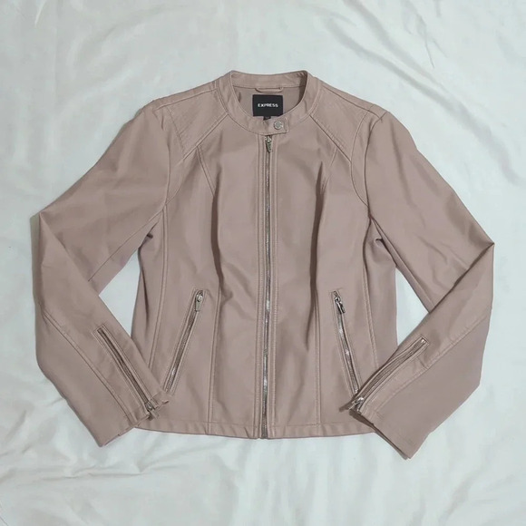 EXPRESS Faux Leather Double Peplum Jacket, Color Pink Size L - Picture 4 of 16